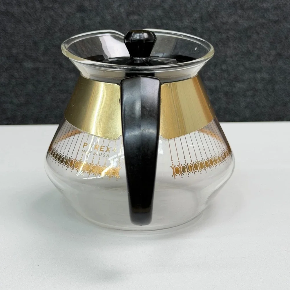 Vintage Pyrex 2 Cup Glass Carafe Gold Medallion Atomic Starburst Coffee Server